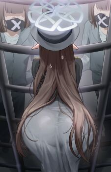 3girls ass ass_focus bent_over blue_archive brown_hair coat commentary dated_commentary faceless faceless_female from_behind grey_coat grey_halo grey_hat halo hat highres huge_ass long_hair mankoougoku misuzu_(blue_archive) multiple_girls panties_visible_through_clothes pantylines pointy_ears prison_clothes prisoner solo_focus sweat sweatdrop untranslatable_commentary