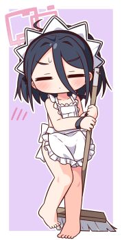Rule 34 | 1girl, absurdres, apron, barefoot, black hair, blue archive, blush, border, broom, closed eyes, closed mouth, collarbone, commentary request, double-parted bangs, frilled apron, frills, full body, hair between eyes, halo, hana kazari, highres, holding, holding broom, kei (blue archive), long hair between eyes, maid headdress, naked apron, outline, outside border, pink halo, purple background, rectangular halo, short hair, simple background, solo, standing, sweatdrop, white apron, white border, white outline