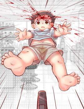 1boy 1other age_difference aged_down barefoot blood blood_on_face blood_splatter bottle brown_eyes chair corpse death dying falling feet firing foot_focus foot_up green_eyes gun guro handgun headshot highres imminent_death laboratory legs male male_focus male_gore necrophilia open_mouth original pistol science shirt shoot shorts shot shota surprised t-shirt tearing_up tears thighs weapon xiao_weiba