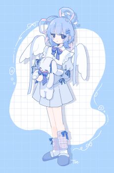Rule 34 | 1girl, :<, blue border, blue dress, blue eyes, blue hair, blue slippers, border, closed mouth, commentary request, dot nose, dress, drop shadow, feathered wings, full body, grid background, highres, holding, holding stuffed toy, long sleeves, looking at viewer, original, outside border, short hair, slippers, socks, solo, sskitaco, standing, stuffed animal, stuffed rabbit, stuffed toy, white background, white socks, white wings, wings