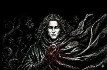 1boy artist_request black_gloves black_tunic blood character_request check_character disembodied_eye eyeball gloves hand_up holding holding_eyeball long_hair male_focus mordret_(shadow_slave) second-party_source shadow_slave smirk solo spot_color tunic upper_body wavy_hair wind wind_lift yellow_eyes