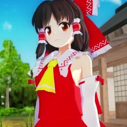 1girl 3d animated areola_slip black_hair breast_expansion breasts brown_eyes cloud hakurei_reimu jiggle large_breasts looking_at_breasts looking_at_viewer medium_breasts mofumoko5 no_bra outdoors short_hair sky solo surprised tagme touhou tree underboob video