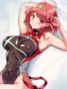 1girl absurdres armpits arms_up bed_sheet blush breasts breasts_apart chest_jewel closed_mouth core_crystal_(xenoblade) covered_collarbone covered_erect_nipples cowboy_shot earrings eyelashes highleg highleg_one-piece_swimsuit highres impossible_clothes impossible_swimsuit jewelry large_breasts looking_at_viewer lying medium_hair multicolored_swimsuit on_back one-piece_swimsuit pyra_(pro_swimmer)_(xenoblade) pyra_(xenoblade) red_eyes red_hair smile solo swept_bangs swimsuit tiara timosan xenoblade_chronicles_(series) xenoblade_chronicles_2