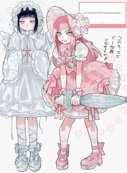 2girls absurdres asako_(itiba) black_hair commentary_request dress haruno_sakura hat highres holding holding_umbrella hyuuga_hinata long_hair multiple_girls naruto_(classic) naruto_(series) pink_dress pink_hair umbrella white_dress
