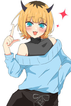 1girl absurdres blonde_hair blue_eyes blue_sweater commentary_request fang hand_on_own_hip highres horns index_finger_raised looking_at_viewer memcho multicolored_hair off-shoulder_sweater off_shoulder open_mouth oshi_no_ko roots_(hair) simple_background solo sweater urishima white_background