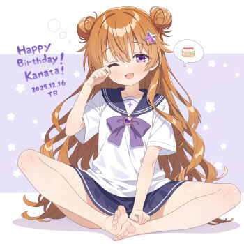 1girl barefoot blush brown_hair double_bun feet hair_bun highres konoe_kanata long_hair looking_at_viewer love_live! love_live!_nijigasaki_high_school_idol_club one_eye_closed open_mouth purple_eyes soles toes tr_(pixiv67424465)