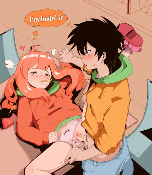1boy 1girl absurdres ahoge black_hair blue_pants blush bow bow_panties chair clothes_pull clothing_aside commentary daughter_(yoru_mac) defloration english_commentary english_text food french_fries fry-chan_(yoru_mac) fry-kun_(yoru_mac) hetero highres holding_hands hood hoodie indoors kodomo_doushi loli long_hair lying mcdonald's mouth_hold navel no_panties on_table orange_hair orange_hoodie orange_shirt panties panties_aside pants pants_pull panty_pull penis pink_panties pulling_another's_clothes pussy rouge_(loliver65) sex shirt short_hair shota spread_legs table thighs uncensored underwear vaginal yoru_mac