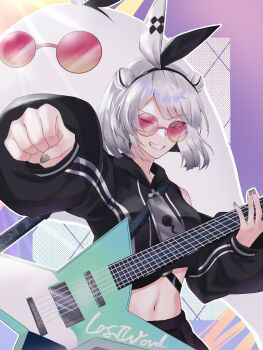 1girl black_hairband black_hoodie breasts clenched_hand copyright_name cropped_hoodie donut_hair_bun electric_guitar grey_eyes grey_hair guitar hair_bun hairband hood hood_down hoodie instrument konpaku_youmu medium_breasts music navel one_eye_closed playing_instrument punching remonedo_(user_mxej3824) short_hair solo tinted_eyewear touhou touhou_lostword