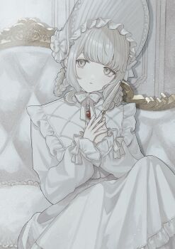 1girl absurdres bonnet braid braided_hair_rings brooch chinstrap commentary couch dot_nose dress fingernails frilled_bonnet frilled_dress frilled_shirt_collar frills grey_eyes grey_hair hair_rings hands_up highres holding holding_knife indoors jewelry kitchen_knife knee_up knife lolita_fashion long_sleeves looking_to_the_side n4adoe necklace on_couch original parted_lips pearl_necklace sidelocks sitting symbol-only_commentary white_bonnet white_dress
