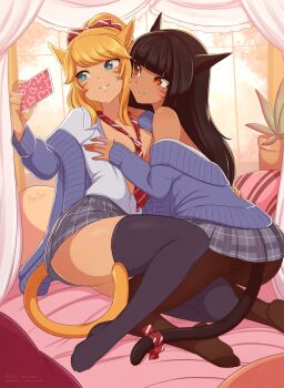 2019 2girls animal_ears artist_name ass bad_id bad_pixiv_id bare_shoulders between_breasts black_hair black_legwear blonde_hair blue_cardigan blue_eyes blue_hair borrowed_character bow breasts cardigan cat_ears cat_tail cellphone closed_mouth collared_shirt commission dress_shirt facial_mark final_fantasy final_fantasy_xiv grey_skirt hair_bow hand_on_another's_hip hand_on_another's_shoulder high_ponytail highres hug kneeling leg_between_thighs long_hair long_sleeves medium_breasts merunyaa miniskirt miqo'te mole mole_under_eye multiple_girls necktie necktie_between_breasts no_bra no_panties off_shoulder open_cardigan open_clothes open_shirt orange_eyes pantyhose parted_lips phone pillow plaid_clothes plaid_skirt pleated_skirt ponytail school_uniform selfie shirt sitting skirt smartphone smile swept_bangs tail tail_bow tail_ornament thighhighs very_long_hair warrior_of_light_(ff14) whisker_markings white_shirt yuri