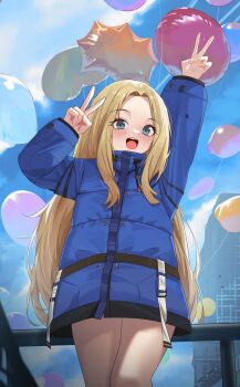 1girl :d absurdres arms_up balloon bare_legs blonde_hair blue_coat blue_eyes building cloud coat commentary_request cowboy_shot day diana_(pragmata) double_v drawstring highres long_hair long_sleeves looking_at_viewer manjie open_mouth outdoors padded_coat pragmata puffy_long_sleeves puffy_sleeves railing sky smile solo standing teeth upper_teeth_only v very_long_hair