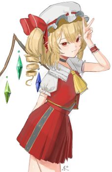 1girl ascot crystal_wings fang flandre_scarlet from_side hair_between_eyes hat highres light_smile mob_cap red_skirt red_vest ropu_1 shirt short_sleeves side_ponytail signature skirt solo touhou v vampire vest white_shirt wings wrist_cuffs yellow_ascot