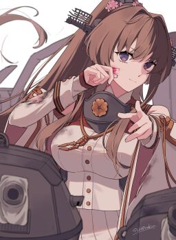 1girl blood blood_on_face brown_hair cannon collar commentary_request deep_wound grey_eyes headgear highres ichiroku_(sakumogu-029) injury kantai_collection long_hair machinery metal_collar pleated_skirt shirt simple_background skirt solo white_background white_shirt white_skirt yamato_(kancolle) yamato_kai_ni_(kancolle)