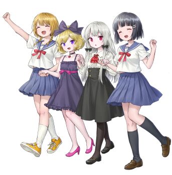 4girls absurdres ama-tou amano_akari bare_shoulders black_choker black_hair black_pantyhose black_socks blonde_hair blue_sailor_collar blue_skirt choker closed_eyes collarbone dot_nose dress elly_(tonari_no_kyuuketsuki-san) female_focus flat_chest full_body hair_between_eyes hair_ornament hairclip happy high_heels highres holding holding_hands knees legs long_hair long_sleeves looking_at_viewer multiple_girls natsuki_hinata official_art pantyhose ribbon sailor_collar school_uniform serafuku shirt shoes short_hair short_sleeves simple_background skirt sneakers socks sophie_twilight standing tonari_no_kyuuketsuki-san vampire white_background white_hair white_shirt white_socks