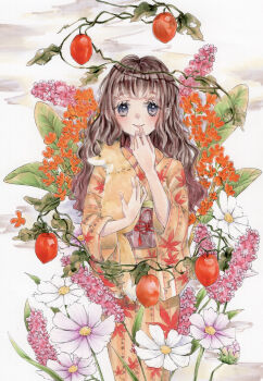 1girl absurdres animal brown_hair check_commentary commentary commentary_request floral_print floral_print_kimono flower food fox fruit grey_eyes hand_to_own_mouth highres holding holding_animal hyaku_toori japanese_clothes kimono long_hair looking_at_viewer marker_(medium) nature original plant print_kimono smile solo traditional_media vines wavy_hair