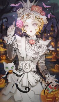 1girl :o blonde_hair candy castle cowboy_shot cross-shaped_pupils dress flower food food-themed_hair_ornament hair_intakes hair_ornament half_crown_braid halloween halloween_bucket hanaochi_pic head_wreath highres holding holding_candy holding_food holding_lollipop identity_v jack-o&#039;-lantern lace lollipop looking_at_viewer makeup official_alternate_costume pumpkin_hair_ornament purple_eyes raised_eyebrows rose runny_makeup short_hair solo swirl_lollipop symbol-shaped_pupils tracy_reznik tracy_reznik_(paper_heart) white_dress white_flower white_rose