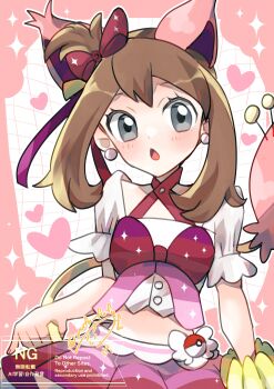 Rule 34 | 1girl, absurdres, animal ears, blush, bow, breasts, brown hair, cosplay, criss-cross halter, earrings, gen 3 pokemon, grey eyes, hair bow, halterneck, heart, highres, idol, jewelry, looking at viewer, may (contest) (pokemon), may (pokemon), midriff, nintendo, open mouth, overskirt, pink bow, pink skirt, poke ball, poke ball (basic), pokemon, pokemon oras, shirt, skirt, skitty, skitty (cosplay), star (symbol), tail, wrist cuffs, yufu fufufu