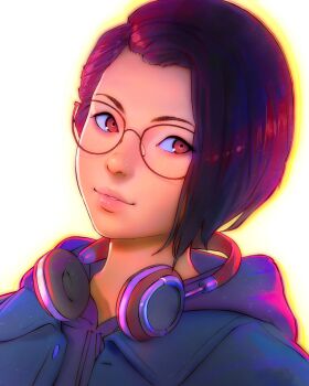 1girl absurdres alex_chen black_hair brown_eyes commission dutch_angle glasses headphones headphones_around_neck highres hood hoodie ilya_kuvshinov life_is_strange:_true_colors life_is_strange_(series) life_is_strange_1 lips looking_at_viewer portrait second-party_source short_hair solo white_background
