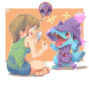 1girl arms_up barefoot brown_hair cellphone commentary cosplay english_commentary gen_2_pokemon gen_4_pokemon highres mismagius mismagius_(cosplay) nintendo open_mouth painttool_sai_(medium) phone pirate_yuri pokemon pokemon_(creature) ponytail shorts sitting smartphone speech_bubble spoken_character taking_picture totodile