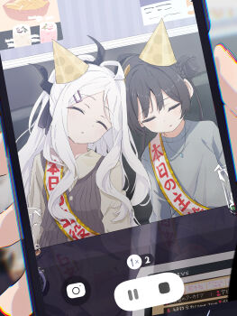 1boy 2girls absurdres ahoge alternate_costume black_hair blue_archive blurry bow braid braided_bun casual cellphone chromatic_aberration commentary_request cup demon_girl demon_horns depth_of_field double_bun drinking_glass fake_screenshot forehead grey_sweater hair_between_eyes hair_bow hair_bun hair_ornament hair_ribbon hairclip hat highres hina_(blue_archive) holding holding_phone horns indoors jewelry kisaki_(blue_archive) leaning_on_person leaning_to_the_side long_hair long_sleeves multiple_girls necklace not_seven777 parted_bangs parted_lips party_hat pendant phone pov pov_hands restaurant ribbon sash sensei_(blue_archive) shoulder_sash sidelocks sleeping smartphone sweater sweater_vest table twintails viewfinder wavy_hair white_hair