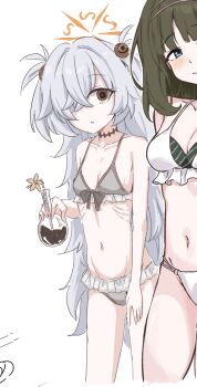 2girls bikini blue_archive breasts commentary_request hair_over_one_eye halo kanoe_(blue_archive) long_hair multiple_girls paint_chat_(medium) rumiya9i simple_background small_breasts swimsuit tsumugi_(blue_archive)