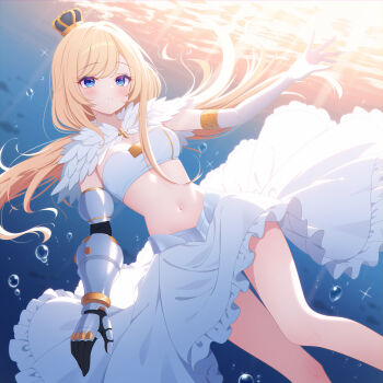 1girl absurdres air_bubble blue_eyes blush breasts bubble character_request chinese_commentary cleavage commentary_request crown elbow_gloves frilled_skirt frills gauntlets gloves highres long_hair looking_at_viewer midriff navel ohako_miyu original single_gauntlet single_glove skirt small_breasts solo strapless tube_top underwater very_long_hair white_gloves white_skirt white_tube_top