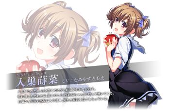 1girl :d apple black_dress blue_dress blush bow bowtie brown_hair character_name cowboy_shot dress food from_side fruit fumio_(ura_fmo) grisaia_(series) grisaia_no_kajitsu hair_bow holding holding_food holding_fruit irisu_makina looking_at_viewer mihama_private_academy_school_uniform official_art open_mouth plaid_bow plaid_bowtie plaid_clothes purple_bow red_bow red_bowtie red_eyes school_uniform shirt short_dress short_hair short_sleeves short_twintails smile solo standing translation_request transparent_background twintails two-tone_dress white_shirt zoom_layer