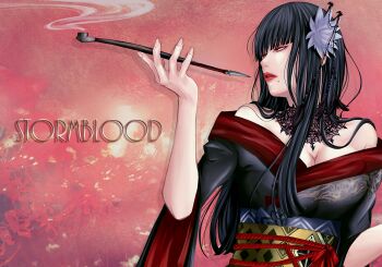 Rule 34 | 10s, artist request, black hair, breasts, cleavage, final fantasy, final fantasy xiv, hair ornament, highres, large breasts, lips, long hair, mole, mole under mouth, smoking pipe, tagme, yellow eyes, yotsuyu goe brutus