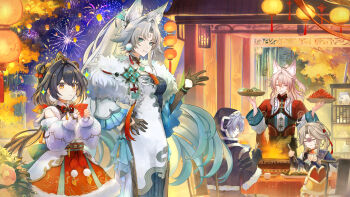 2girls 3boys :t absurdres aerial_fireworks animal_ears black_gloves black_hair blue_hair blush bowl breasts brown_hair chopsticks closed_eyes closed_mouth commentary commentary_request detached_sleeves dress eating english_commentary envelope facial_mark feixiao_(honkai:_star_rail) fireworks forehead_mark fox_ears fur-trimmed_dress fur_trim gloves gradient_hair grey_hair hair_between_eyes hand_on_own_hip hand_up hands_up highres holding holding_bowl holding_chopsticks holding_envelope honkai:_star_rail honkai_(series) hood hood_up jiaoqiu_(honkai:_star_rail) long_hair long_sleeves medium_breasts mixed-language_commentary moze_(honkai:_star_rail) multicolored_hair multiple_boys multiple_girls night nose_blush orange_eyes outdoors parted_bangs pink_hair pom_pom_(clothes) puffy_long_sleeves puffy_sleeves red_dress short_hair sitting tgf_pic very_long_hair white_dress yanqing_(honkai:_star_rail) yunli_(honkai:_star_rail)