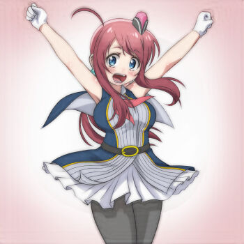 1girl ahoge arms_up belt black_belt black_pantyhose blue_dress blue_eyes blush breasts dress gloves green_ribbon hair_ribbon hat highres idol large_breasts long_hair looking_at_viewer minamoto_sakura mini_hat neckerchief open_mouth pantyhose pink_background pink_hat pink_neckerchief pink_ribbon polka_dot polka_dot_ribbon red_hair ribbon sidelocks sleeveless sleeveless_dress smile standing t_jiroo_(ringofriend) teeth white_gloves zombie_land_saga