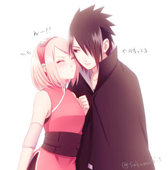 1boy 1girl black_cloak black_eyes black_hair cloak closed_eyes dress flying_sweatdrops hair_over_one_eye haruno_sakura highres looking_at_another mochiii-s naruto:_the_last naruto_(series) parted_lips pink_hair red_dress short_hair sleeveless sleeveless_dress translation_request twitter_username uchiha_sasuke upper_body white_background