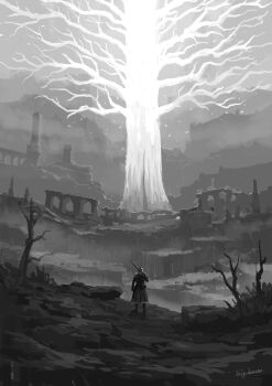 1boy artist_name boots commentary_request elden_ring from_behind greyscale helm helmet highres holding holding_sword holding_weapon long_sleeves monochrome outdoors ruins solo standing sword tree tripdancer weapon