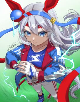 Rule 34 | 1girl, animal ears, ayrw7t1, blue eyes, blue hairband, bow, commentary request, ear bow, ear covers, ear ornament, grey hair, grey tail, hair between eyes, hairband, headband, highres, horse ears, horse girl, horse tail, jacket, lightning bolt print, long hair, long sleeves, red headband, shirt, solo, striped clothes, striped hairband, tail, tamamo cross (umamusume), tamamo cross (with lightning speed) (umamusume), umamusume, very long hair