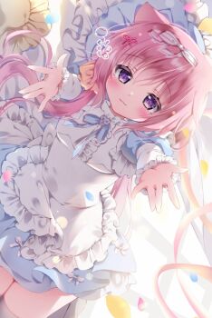 1girl :3 \||/ animal_ears apron blue_sleeves cat_ears cat_girl commentary_request dress dutch_angle frilled_apron frilled_dress frilled_pillow frilled_sleeves frills hair_ribbon highres layered_sleeves long_hair long_sleeves looking_at_viewer lying moco_ofuton on_bed on_side original outstretched_arms pillow pink_hair pink_ribbon purple_eyes ribbon short_over_long_sleeves short_sleeves sidelocks solo thighs white_apron white_dress white_ribbon