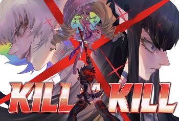 4girls aynm010330 big_hair black_boots black_hair black_skirt blonde_hair blue_eyes boots bow breasts closed_mouth commentary copyright_name crossed_swords dress drill_hair evil_grin evil_smile eyepatch grey_hair grin hair_bow harime_nui highres holding holding_sword holding_umbrella holding_weapon kill_la_kill kiryuuin_ragyou kiryuuin_satsuki long_hair looking_at_another looking_at_viewer matoi_ryuuko medium_breasts microskirt multicolored_hair multiple_girls open_mouth parasol pink_boots pink_bow pink_dress profile rainbow_hair red_eyes red_hair scissor_blade_(kill_la_kill) senketsu sideways_glance skirt smile sword symbol-only_commentary thigh_boots twin_drills twitter_username two-tone_hair umbrella underbutt very_long_hair weapon