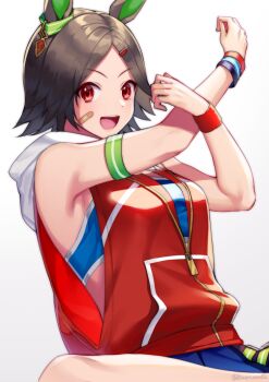 Rule 34 | 1girl, akatsuki (kuon), animal ears, bandaid, bandaid on cheek, bandaid on face, bandeau, black hair, blue bandeau, blue skirt, blue sports bra, blush, breasts, commentary request, ear ornament, hair ornament, hairclip, hood, hoodie, horse ears, horse girl, horse tail, jacket, low-cut armhole, open mouth, red eyes, red jacket, short hair, simple background, skirt, sleeveless, sleeveless hoodie, sleeveless jacket, smile, solo, sports bra, stretching, tail, umamusume, white background, winning ticket (get to winning!) (umamusume), winning ticket (umamusume), wristband