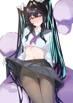 1girl absurdres alternate_costume aqua_hair brown_pantyhose bubble collarbone colored_inner_hair commentary commentary_request cropped_shirt english_commentary goddess_of_victory:_nikke grey_sailor_collar grey_skirt hair_intakes highres korean_commentary little_mermaid_(nikke) long_hair long_sleeves mixed-language_commentary multicolored_hair navel neckerchief open_mouth pantyhose purple_neckerchief sailor_collar sailor_shirt shirt sitting skirt solo very_long_hair white_rectangle yellow_eyes