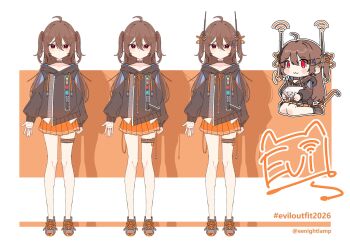 1girl ahoge antennae artist_name black_hoodie brown_hair choker closed_mouth commentary deformed eenightlamp english_commentary evil_neuro-sama full_body grey_choker grey_shoes hair_between_eyes hashtag highres hood hoodie long_hair long_sleeves miniskirt multiple_girls neuro-sama orange_skirt pleated_skirt red_eyes shoes sitting skirt standing straight-on thigh_strap two_side_up vedal_ai virtual_youtuber wariza