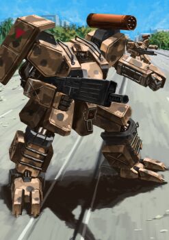 blue_sky front_mission gun highres highway holding holding_gun holding_weapon mecha mecha_focus military missile_pod no_humans outdoors robot shadow sky tyokugekidato weapon