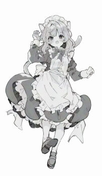 1girl :o animal_ear_fluff animal_ears apron arm_up blush bow cat_ears cat_girl cat_tail character_request fang frilled_apron frills full_body greyscale highres ikeuchi_tanuma juliet_sleeves kemonomimi_mode long_sleeves looking_at_viewer maid maid_apron maid_headdress monochrome open_mouth original pantyhose puffy_sleeves shoe_soles shoes simple_background solo tail white_background