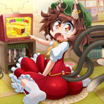 1337_(meme) 1girl animal_ear_piercing animal_ears ass brown_eyes brown_hair cat_ears cat_tail chen commentary_request controller cracked_screen crt daniel_renard earrings fang feet game_controller green_hat hat highres indoors jewelry meme mob_cap multiple_tails nekomata no_shoes open_mouth short_hair single_earring socks soles solo tail television toes touhou two_tails watching_television