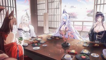 4girls akagi_(azur_lane) animal_ears asama_(azur_lane) azur_lane black_dress black_hair bonsai breasts cherry_blossoms cleavage dress food fox_ears fox_tail game_cg hair_between_eyes hair_ornament hair_ribbon hakuhou_(azur_lane) heaven highres jewelry large_breasts long_hair multiple_girls necklace non-web_source red_dress ribbon sakura_empire_(emblem) smile tail unzen_(azur_lane) white_dress white_hair yellow_eyes