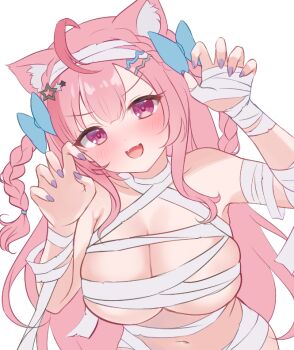 1girl ahoge animal_ears bandaged_arm bandaged_chest bandaged_head bandaged_neck bandaged_wrist bandages blue_bow blush bow braid breasts cat_ears cat_girl cat_hair_ornament cleavage collarbone commentary fangs fingernails hair_bow hair_ornament hairclip indie_virtual_youtuber large_breasts long_hair looking_at_viewer mummy_costume nail_polish naked_bandage navel nikoo open_mouth pink_eyes pink_hair purple_nails simple_background smile solo star_(symbol) star_hair_ornament stomach two_side_up virtual_youtuber white_background yuuki_sakuna