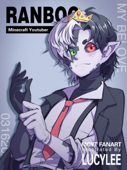 Rule 34 | 1other, :3, adjusting clothes, adjusting gloves, androgynous, animification, artist name, asymmetrical gloves, black gloves, black hair, black jacket, black skin, character name, collared shirt, colored skin, commentary, copyright name, crown, english commentary, english text, formal clothes, freckles, gloves, green eyes, grey background, heterochromia, jacket, long sleeves, looking at viewer, lucylee158, minecraft youtube, mini crown, mismatched gloves, multicolored hair, necktie, open clothes, open jacket, other focus, pointy ears, ranboo, red eyes, red necktie, shirt, short hair, simple background, solo, split-color hair, split-color skin, suit, suspenders, upper body, white gloves, white shirt, white skin