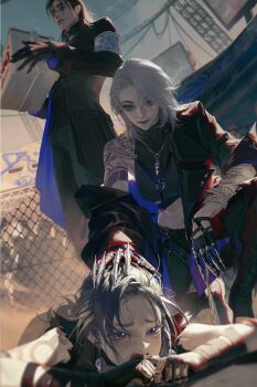 1boy 2girls arm_tattoo artist_request bandaged_arm bandages belt black_belt black_coat black_gloves black_hair black_jacket black_pants black_shirt blurry blurry_background box chain-link_fence claw_ring claws coat crop_top dutch_angle ear_piercing earclip earl_(path_to_nowhere) earrings fake_claws fence gloves grey_hair grey_lips hair_behind_ear hand_on_another&#039;s_head high_collar highres holding holding_box horo_(path_to_nowhere) jacket jewelry lapels lying medium_hair messy_hair multiple_girls multiple_necklaces navel navel_piercing necklace official_art on_one_knee on_stomach outdoors pants path_to_nowhere piercing power_lines shirt shoulder_tattoo single_bare_shoulder smile squatting standing sword_necklace tattoo tribal_tattoo turtleneck turtleneck_shirt upswept_hair zoya_(path_to_nowhere)