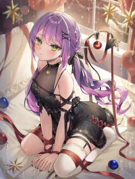1girl absurdres alternate_costume bare_shoulders between_legs black_choker black_dress black_nails blush bound bound_wrists bow breasts choker closed_mouth commentary_request cross-laced_clothes cross-laced_dress decorations demon_girl demon_tail dress fingernails green_eyes hair_bow hair_ornament halter_dress halterneck hand_between_legs highres hololive indoors long_hair looking_up low_twintails nail_polish no_shoes on_bed pendant_choker piercing pillow purple_hair red_ribbon ribbon runlan_0329 seiza sitting small_breasts solo swept_bangs tail tail_ornament tail_piercing thigh_strap thighhighs tokoyami_towa twintails virtual_youtuber white_thighhighs x_hair_ornament