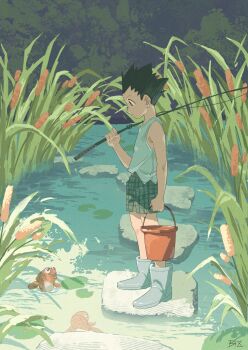 1boy animal bei_18 black_hair boots bucket checkered_clothes commentary fish fish_request fishing_rod from_side full_body gon_freecss green_shorts highres holding holding_bucket hunter_x_hunter looking_at_animal male_focus short_hair shorts solo standing symbol-only_commentary tank_top water white_tank_top
