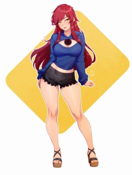 Rule 34 | 1girl, black shorts, blue sweater, breasts, brown eyes, cleavage, cleavage cutout, closed mouth, clothing cutout, commission, eyebrows hidden by hair, full body, highres, large breasts, lips, long hair, looking at viewer, mirin sauce123, original, red hair, sandals, second-party source, shorts, smile, solo, sweater, toes