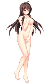 1girl ahoge barefoot blush breasts brown_eyes brown_hair collarbone completely_nude covering_crotch covering_privates full_body game_cg hair_intakes highres large_breasts large_variant_set long_hair maishima_yuri navel nerawareta_megami_tenshi_angel_tear nipples no_pussy non-web_source nude official_art solo transparent_background tsukumo_kazuita variant_set