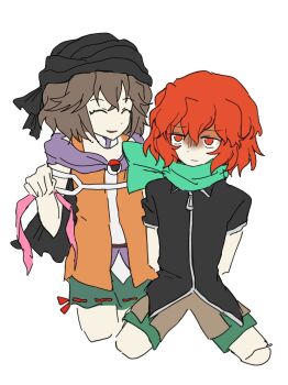 Rule 34 | 2others, ^ ^, androgynous, arms behind back, bandana, bare arms, black bandana, black cape, black shirt, bound, bound arms, brown hair, brown shorts, cape, choker, cine hamal, closed eyes, closed mouth, collared shirt, crossed bangs, dot nose, eye brooch, eye of senri, false smile, flat color, full body, gloom (expression), green shorts, hair between eyes, happy, highres, holding, holding ribbon, jacket, jitome, kneeling, knees apart feet together, kuzu suzumi, len'en, multiple others, no jacket, open clothes, open jacket, open mouth, orange jacket, other focus, other with other, pink ribbon, purple scarf, red eyes, red hair, red ribbon, ribbon, ribbon-trimmed shorts, ribbon legwear, ribbon trim, scared, scarf, shirt, shitodo hooaka, short hair, short sleeves, shorts, simple background, sleeveless, sleeveless jacket, sleeveless shirt, smile, turban, weihe wuya xiang zhuo tai, white background, white choker, white shirt, zipper, zipper pull tab